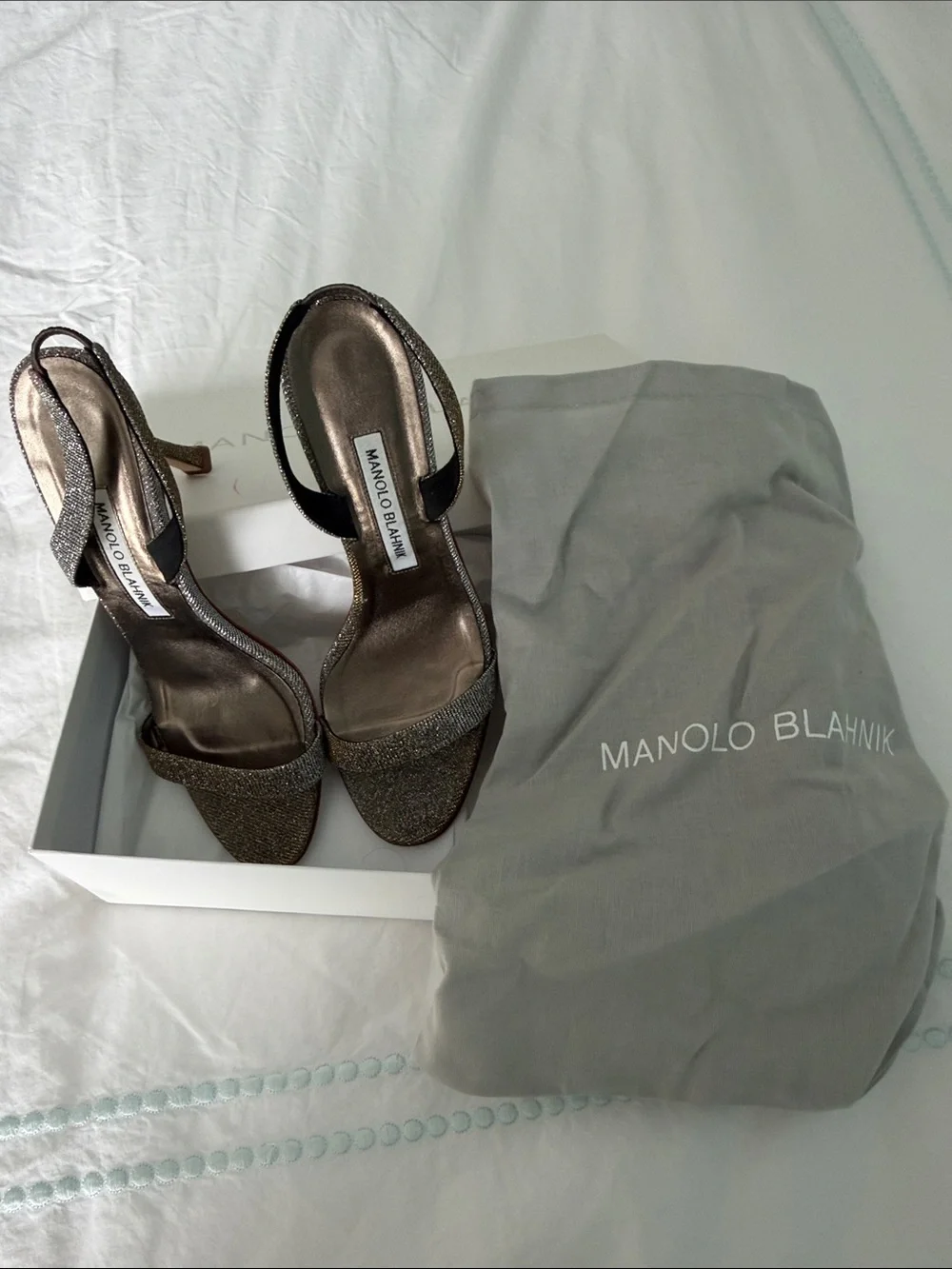 Manolo Blahnik Silver Glitter Slingback Heels